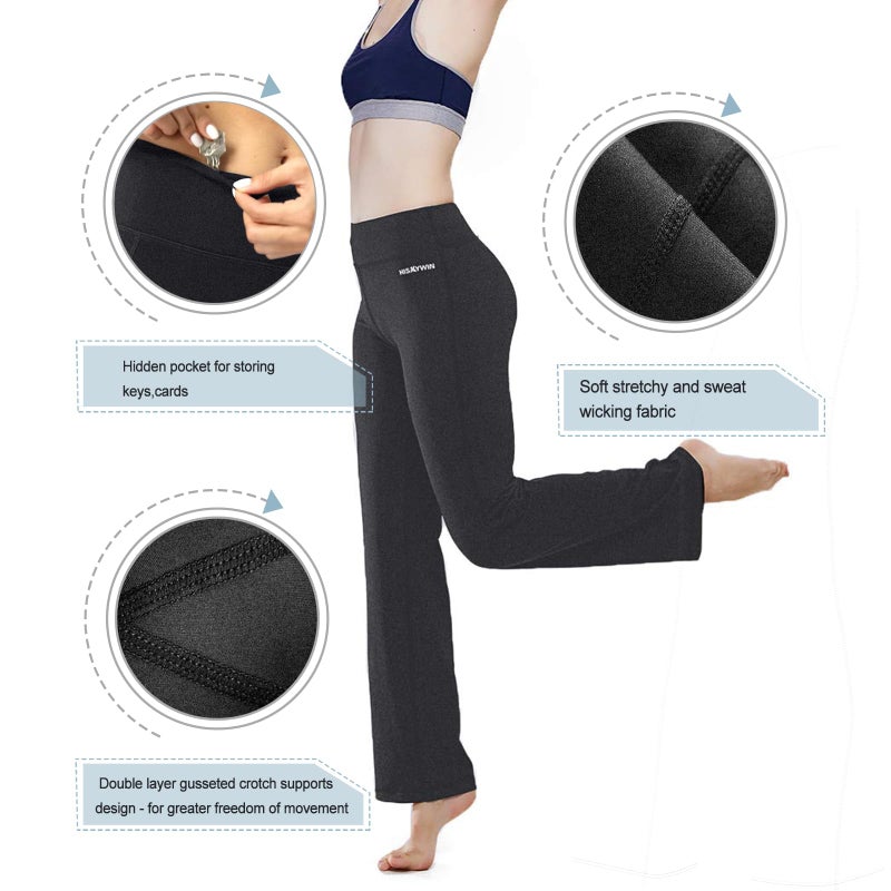 HISKYWIN Inner Pocket Yoga Pants 4 Way Stretch Tummy Control Workout Running Pants, Long Bootleg Flare Pants HF2-Dark Grey-XXL - Image 4
